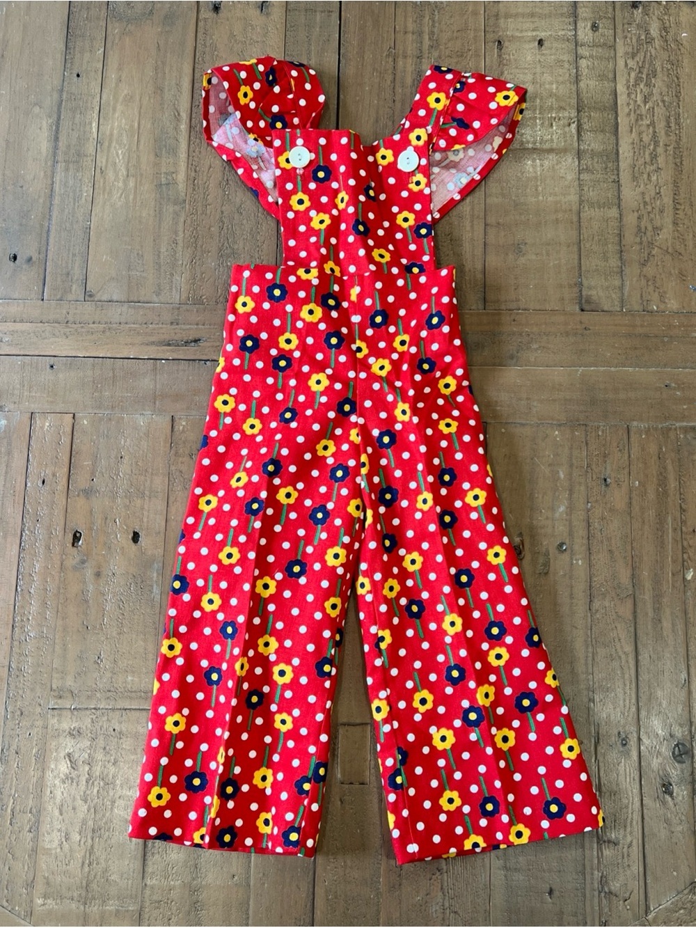 Vintage Paper Tag Red Flower Overalls Girls 2T 80s 90s Retro Ruffles Polka Dot